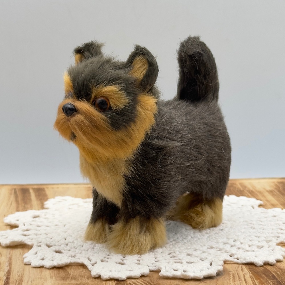 Yorkshire Terrier Dog Figurine Black Tan Realistic Faux Fur Vintage Decor Animal